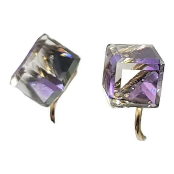 Gold Tone Peekaboo Clear Purple Glass AB Cube Modern Clip On Earrings - Picture 3 of 4